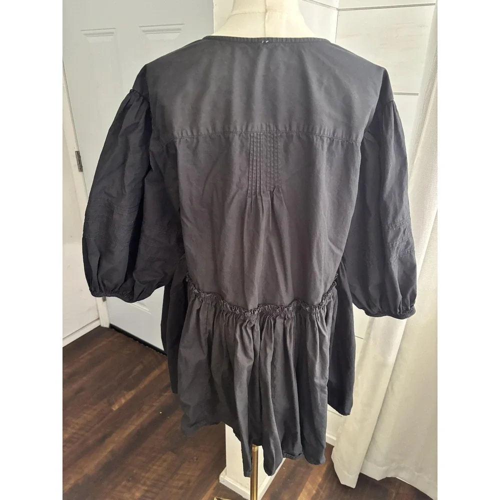 Free People Blouse Womens Medium‎ Black Tunic V Neck Button Ruffle Peplum Boho